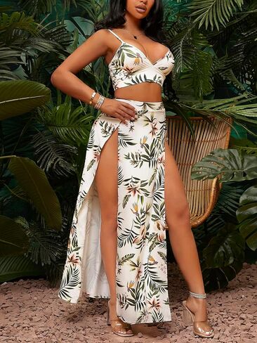 Verdusa Women's 2 Piece Boho Outfits Tropical Print Crop Cami Top and Split Thigh Wrap Skirt Set in Saudi Arabia
