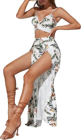 Verdusa Women's 2 Piece Boho Outfits Tropical Print Crop Cami Top and Split Thigh Wrap Skirt Set in Saudi Arabia