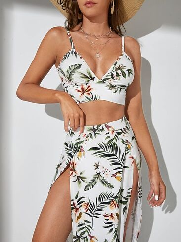Verdusa Women's 2 Piece Boho Outfits Tropical Print Crop Cami Top and Split Thigh Wrap Skirt Set in Saudi Arabia