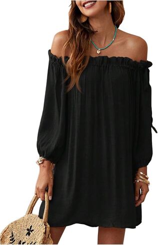 OYOANGLE Women's Swimsuit Cover Ups Off Shoulder Long Sleeve Beach Dress Frill Trim Swimwear in Saudi Arabia