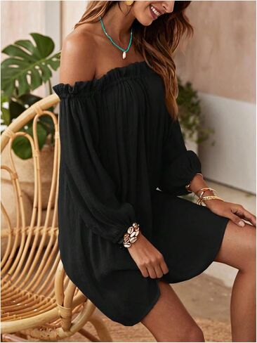 OYOANGLE Women's Swimsuit Cover Ups Off Shoulder Long Sleeve Beach Dress Frill Trim Swimwear in Saudi Arabia