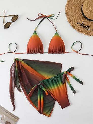 SEGT Women's 3 Piece Swimsuit Triangle Halter Side Tie Thong Bikini Set with Cover Up Skirt in Saudi Arabia
