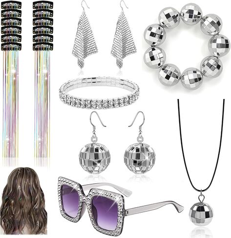 Disco Accessories for Women 70s Disco Costume Jewelry Disco Ball Earrings Necklace Glitter Tinsel Crystal Headband Bracelets in Saudi Arabia