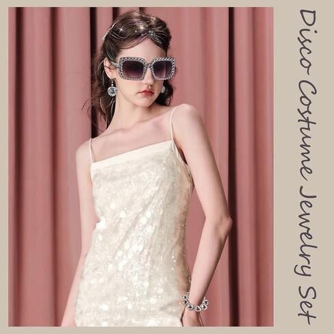 Disco Accessories for Women 70s Disco Costume Jewelry Disco Ball Earrings Necklace Glitter Tinsel Crystal Headband Bracelets in Saudi Arabia