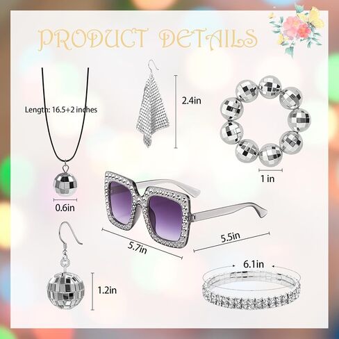 Disco Accessories for Women 70s Disco Costume Jewelry Disco Ball Earrings Necklace Glitter Tinsel Crystal Headband Bracelets in Saudi Arabia