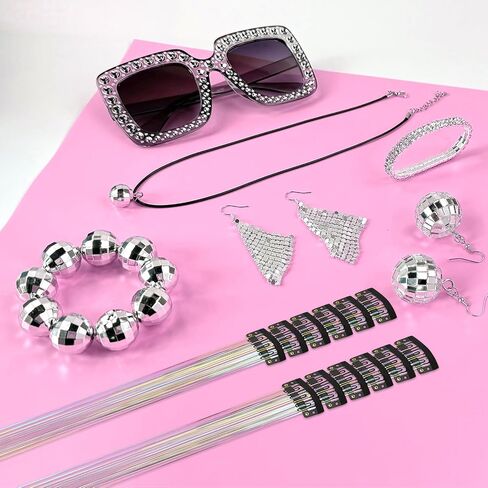 Disco Accessories for Women 70s Disco Costume Jewelry Disco Ball Earrings Necklace Glitter Tinsel Crystal Headband Bracelets in Saudi Arabia