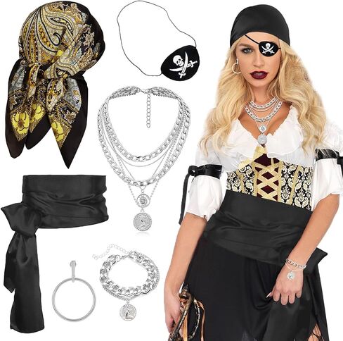6 Pcs Women Pirate Costume Set for Men, Pirate Accessories with Bandana Hat Head Scarf Eye Patch Sash Belt for Party Outfit in Saudi Arabia