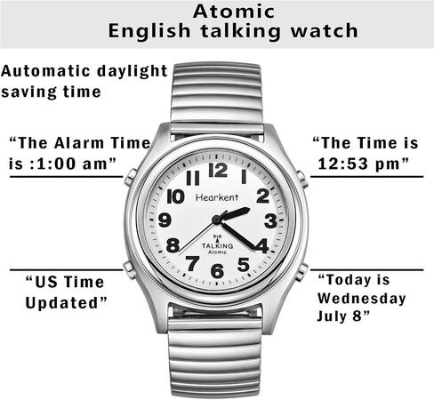 Atomic American English Talking Watch Speaks Clear and Loud Time, Date and Alarm time Stretch Band is Best Gift for Senior,Visually impaired, or Blind People in Saudi Arabia