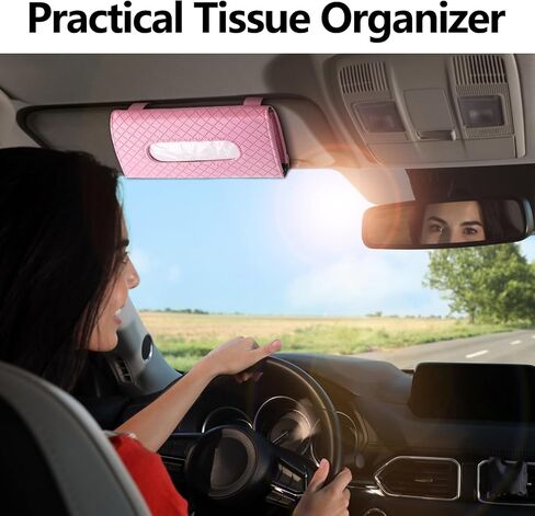 Car Tissue Holder, Auto Sun Visor Napkin Holder Mask Holder, Premium PU Leather Car Tissue Holder Visor Tissue Dispenser, Universal Sun Visor Tissue Box for Most Vehicle (Plaid-Pink) in Kuwait