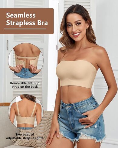 Strapless Bras for Women Non-Slip Silicone Bandeau Bra Seamless Wireless Strapless Bra Padded with 1 Pairs Straps in Saudi Arabia