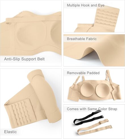 Strapless Bras for Women Non-Slip Silicone Bandeau Bra Seamless Wireless Strapless Bra Padded with 1 Pairs Straps in Saudi Arabia