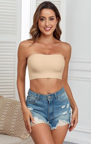 Strapless Bras for Women Non-Slip Silicone Bandeau Bra Seamless Wireless Strapless Bra Padded with 1 Pairs Straps in Saudi Arabia