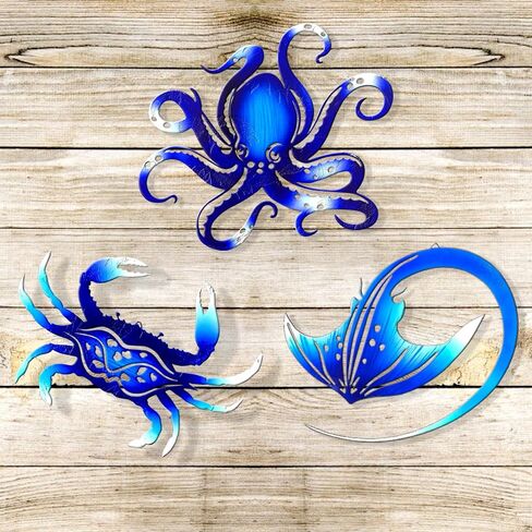 Weibefee Metal Wall Art Decor Octopus Crab Manta Ray Coastal Nautical Ocean Decore Movents 9 '' 'مجموعة من 3 ديكورات معلقة للحمام على شاطئ داخلي في الهواء الطلق غرفة نوم غرفة نوم in Kuwait
