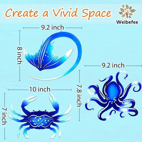 Weibefee Metal Wall Art Decor Octopus Crab Manta Ray Coastal Nautical Ocean Decore Movents 9 '' 'مجموعة من 3 ديكورات معلقة للحمام على شاطئ داخلي في الهواء الطلق غرفة نوم غرفة نوم in Kuwait