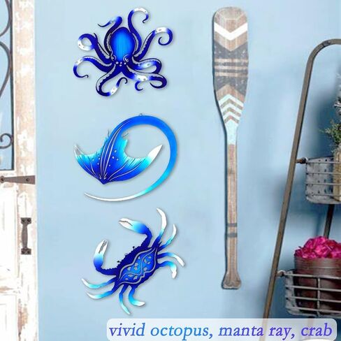 Weibefee Metal Wall Art Decor Octopus Crab Manta Ray Coastal Nautical Ocean Decore Movents 9 '' 'مجموعة من 3 ديكورات معلقة للحمام على شاطئ داخلي في الهواء الطلق غرفة نوم غرفة نوم in Kuwait