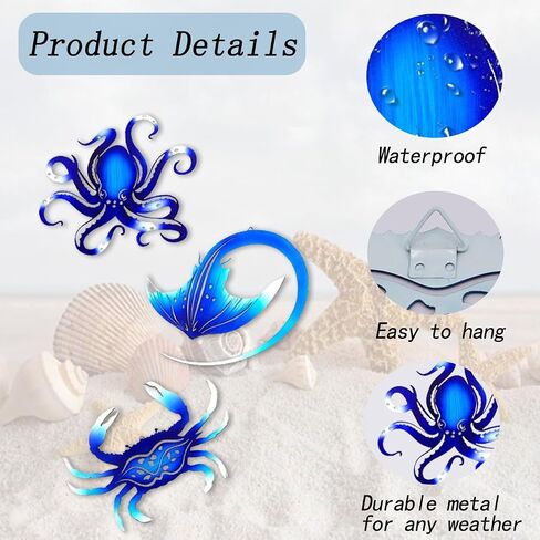 Weibefee Metal Wall Art Decor Octopus Crab Manta Ray Coastal Nautical Ocean Decore Movents 9 '' 'مجموعة من 3 ديكورات معلقة للحمام على شاطئ داخلي في الهواء الطلق غرفة نوم غرفة نوم in Kuwait