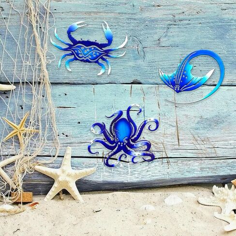 Weibefee Metal Wall Art Decor Octopus Crab Manta Ray Coastal Nautical Ocean Decore Movents 9 '' 'مجموعة من 3 ديكورات معلقة للحمام على شاطئ داخلي في الهواء الطلق غرفة نوم غرفة نوم in Kuwait