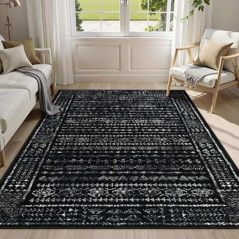 Boho Black and White 5x7 Area Rugs for Living Room, Large Washable Rug for Bedroom Dining Room, Moroccan Geometric Distressed Throw Carpet for Entryway Kitchen Playroom Office(5 x 7,Black) in Saudi Arabia