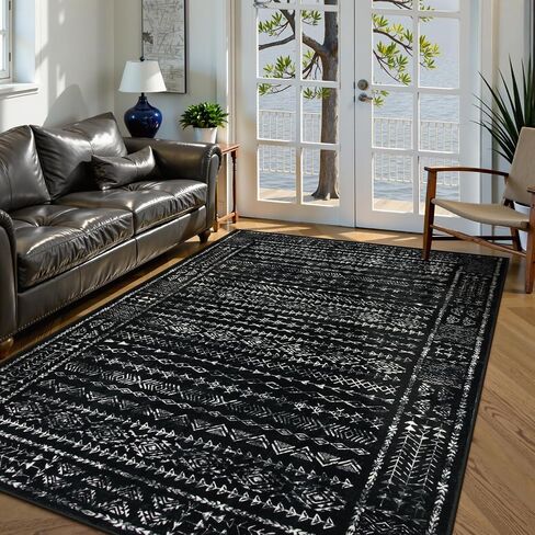 Boho Black and White 5x7 Area Rugs for Living Room, Large Washable Rug for Bedroom Dining Room, Moroccan Geometric Distressed Throw Carpet for Entryway Kitchen Playroom Office(5 x 7,Black) in Saudi Arabia