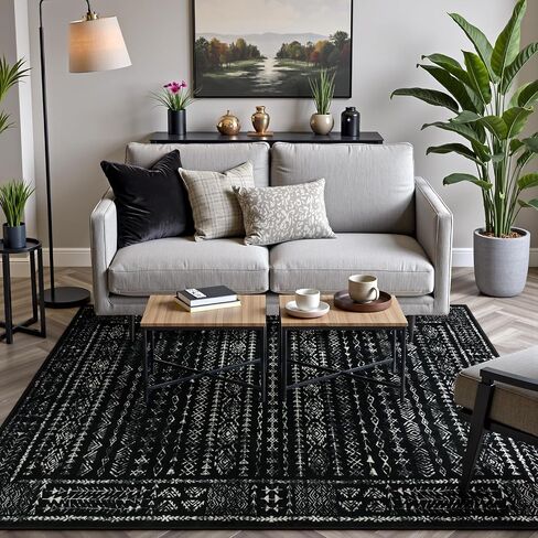 Boho Black and White 5x7 Area Rugs for Living Room, Large Washable Rug for Bedroom Dining Room, Moroccan Geometric Distressed Throw Carpet for Entryway Kitchen Playroom Office(5 x 7,Black) in Saudi Arabia