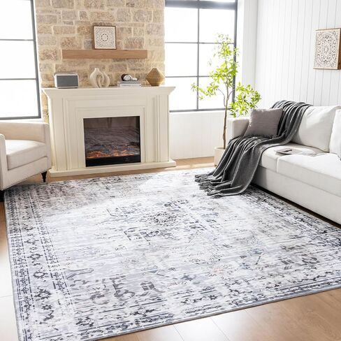 8x10 Washable Area Rug, Low Pile Large Rug with Non Slip Backing & Reinforced Edges, Ultra Soft Vintage Foldable Indoor Big Rug Carpet for Living Room, Bedroom, Dining Room, Office, Yellow in Kuwait