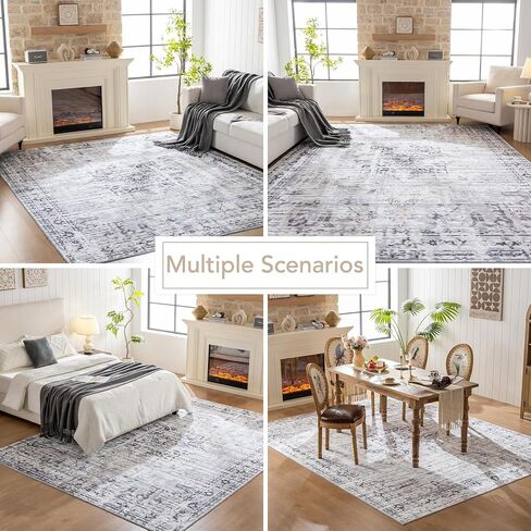 8x10 Washable Area Rug, Low Pile Large Rug with Non Slip Backing & Reinforced Edges, Ultra Soft Vintage Foldable Indoor Big Rug Carpet for Living Room, Bedroom, Dining Room, Office, Yellow in Kuwait
