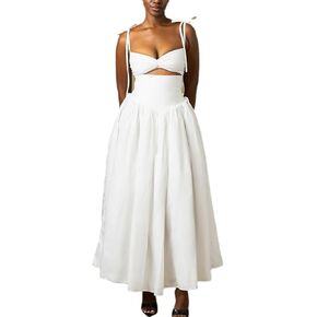 Women Sexy Spaghetti Strap Long Dress Elegant Sleeveless V Neck Front Cut Out Ruffle A Line Party Dresses