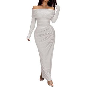 Unybwonn Women Sexy Off Shoulder Mesh Maxi Dress Long Sleeve Ruched Party Formal Stretch Elegant Party Club Long Dresses