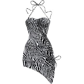 SOLY HUX Women's Zebra Striped Halter Mini Dress Sleeveless Drawstring Split Asymmetrical Hem Bodycon Dresses