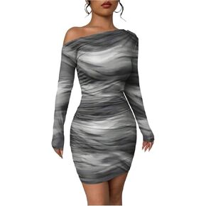 Women's Off Shoulder Ombre Tie Dye Bodycon Dress Long Sleeve Slim Fit Pencil Mini Dresses