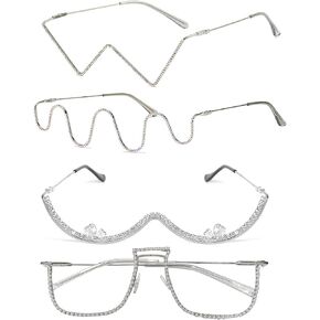 Frameless Diamond Glasses Frame,No Lens V-shaped Rhinestone Glasses,U-shaped Diamond Frameless Eyeglasses for Women ﻿