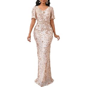 Cololura Women Sexy Elegant Sequin Short Sleeve Party Bodycon Maxi Dress Cocktail Evening Gown Formal Dresses