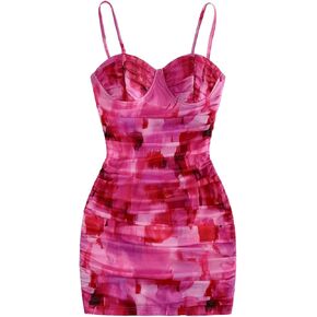 SOLY HUX Women's Summer Floral Corset Dress Spaghetti Strap Ruched Mesh Bodycon Vacation Mini Dresses