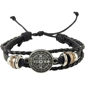 Needzo St. Benedict Leather Stack Bracelet, Multi-Layered Design with Engraved Saint Medal, Accessory for Devotion, 8 Inch Adjustable