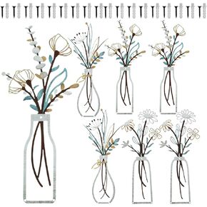 6 Pcs Metal Flower Wall Art Beautiful Metal Flowers Decor Decorative Vase WallArt for Living Room Bathroom Bedroom Dining Room Walls