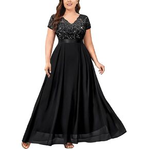 Miusol Women's Plus Size Sequin Floral Lace V Neck Formal Bridesmaid Evening Party Flowy Maxi Dress