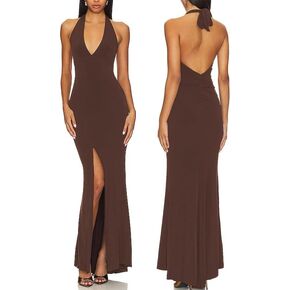 Aigeman Women's Sleeveless Sexy V-Neck Maxi Dress Halter Evening Gown Open Back High Split Bodycon Formal Dress 408