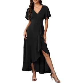 SCOMCHIC Women Wedding Guest Dresses Formal Evening Party Cocktail Short Sleeve V Neck Ruffle Split Flowy Maxi Dress
