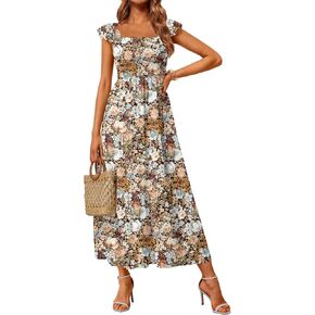 Lillusory Womens Square Neck Floral Shuffle Sleeve Maxi Dress 2025 Smocked Boho Vintage Sundress مع جيوب