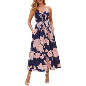 Kranda Women 2025 Summer Sundress High Waist Tie Front Spaghetti Strap Ruffle Long Beach Floral Maxi Dress with Pockets