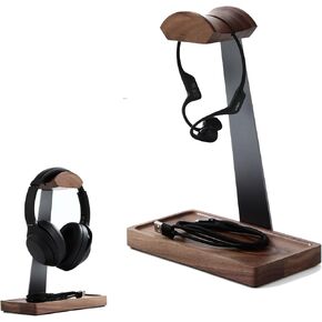 Wooden Headphone Stand for Desk, Walnut Wood Headset Stand, Universal Headphone Holder with Storage Base for Gaming, Airpod max, Bose,Razer