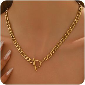 Chunky Toggle Necklace for Women 18K Gold Plated Vintage Paperclip Figaro Link Chain Necklaces Dainty Paper Clip Toggle Necklace for Jewelry Gift