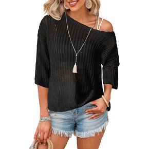 Zeagoo Womens Crochet Tops Summer Sendents Sweort Ware 3/4 Sleeve Hollow Out Tops 2025 Beach Coverup Black