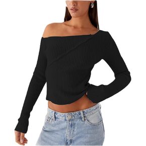 Women Off Shoulder Long Sleeve Sweater Y2K Ribbed Knit Pullover Solid Crop Top Going Out Boat Neck Blouse