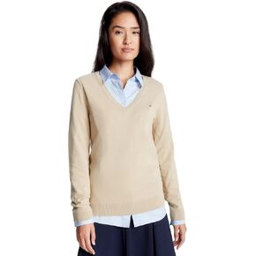 TOMMY HILFIGER Women's Regular Fit Flag Logo V-Neck Sweater, KhakiHtr, M
