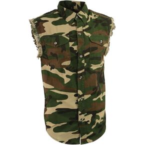 Milwaukee Leather DM4010 Men's Camo Lightweight Denim Shirt مع مظهر عتيق ومظهر بلا أكمام - صغير