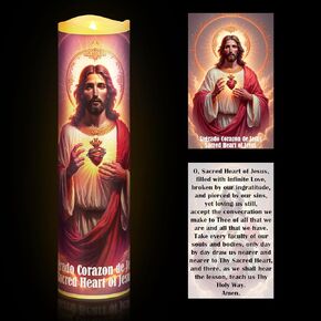 2 Pcs Catholic Prayer Candle and Card Set 8" LED Flameless Prayer Candle Devotional Religious Card Decoration Gifts for Easter Passover Halloween Christmas Activities(Virgin of Guadalupe)
