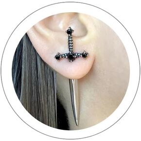 Gothic Sword Earrings - Rhinestone Dagger Stud for Women Men - Punk Cool Screw Cross Front Back Earrings - Retro Costume Jewelry