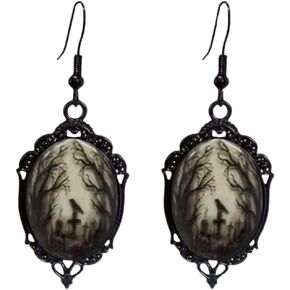 Raven Cross Glass Cameo Earrings - Vintage Gothic Raven Drop Dangle Earrings - Mystic Witch Jewelry Gift Halloween Accessories