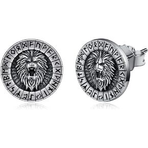 925 Sterling Silver Stud Earrings for Men Women Unisex Punk Rock Viking Runes Earring Dragon/Skull/Crow/Lion Animal Earrings